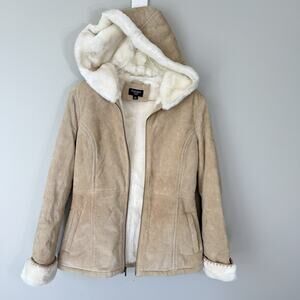 Sonoma Penny Lane Brown Suede Leather Jacket Faux Fur Trim Teddy Hooded M Boho